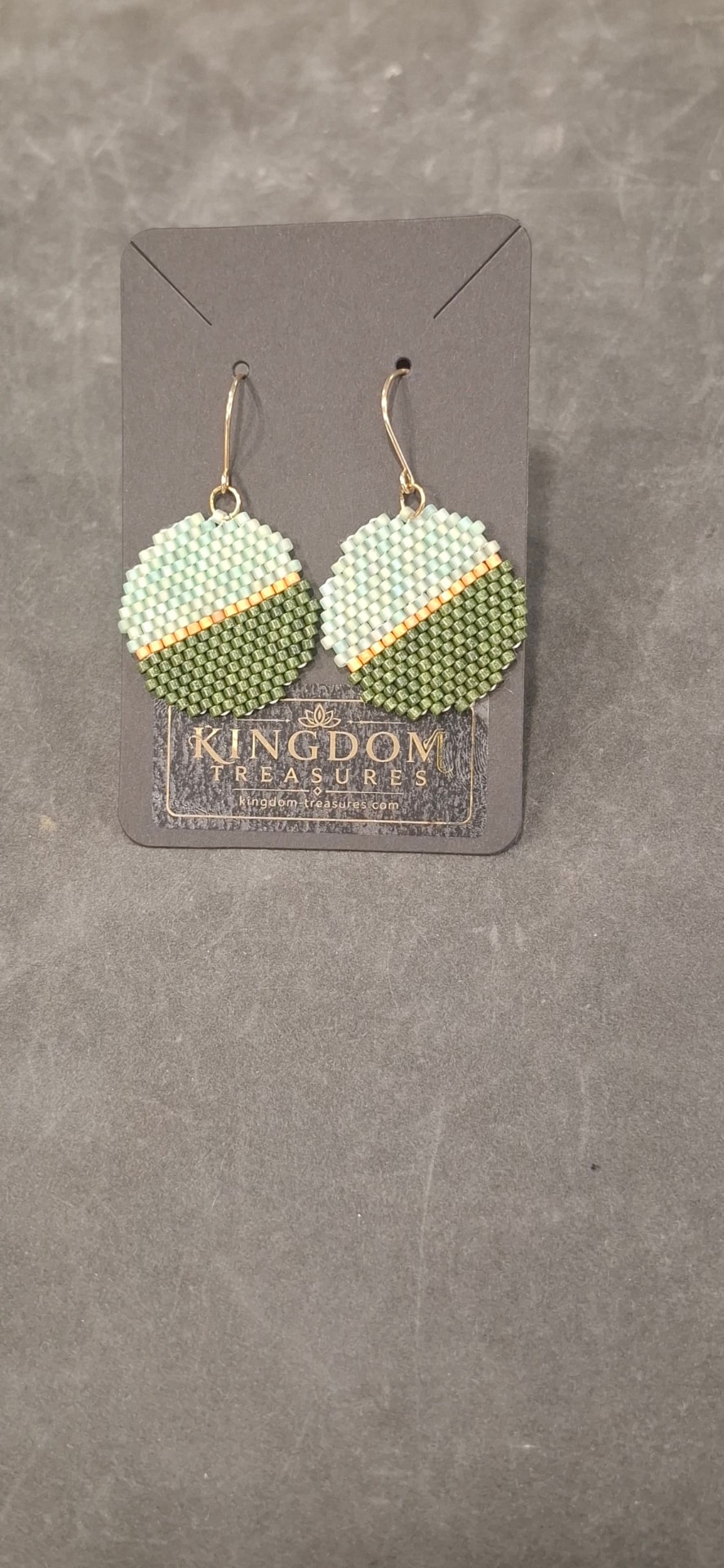 Round hand-beaded earrings in sage and olive green