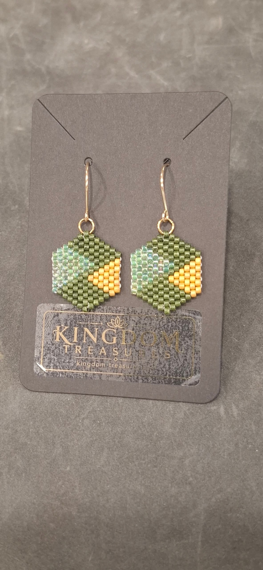 Hand-beaded green and gold hexagon earrings by Kingdom Treasures